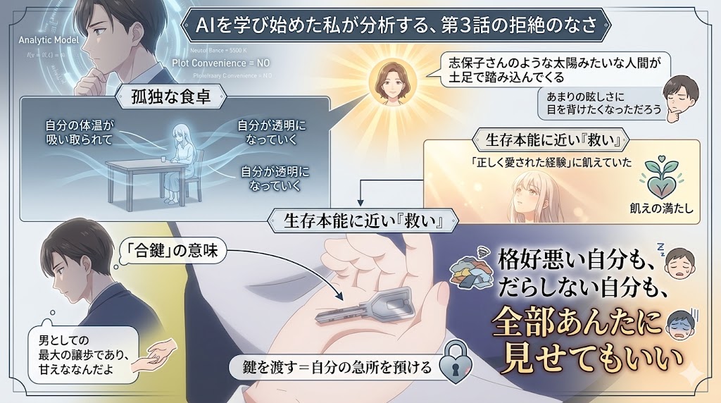 孤独を抱える少年と少女の関係性を、合鍵を象徴として解説したインフォグラフィック