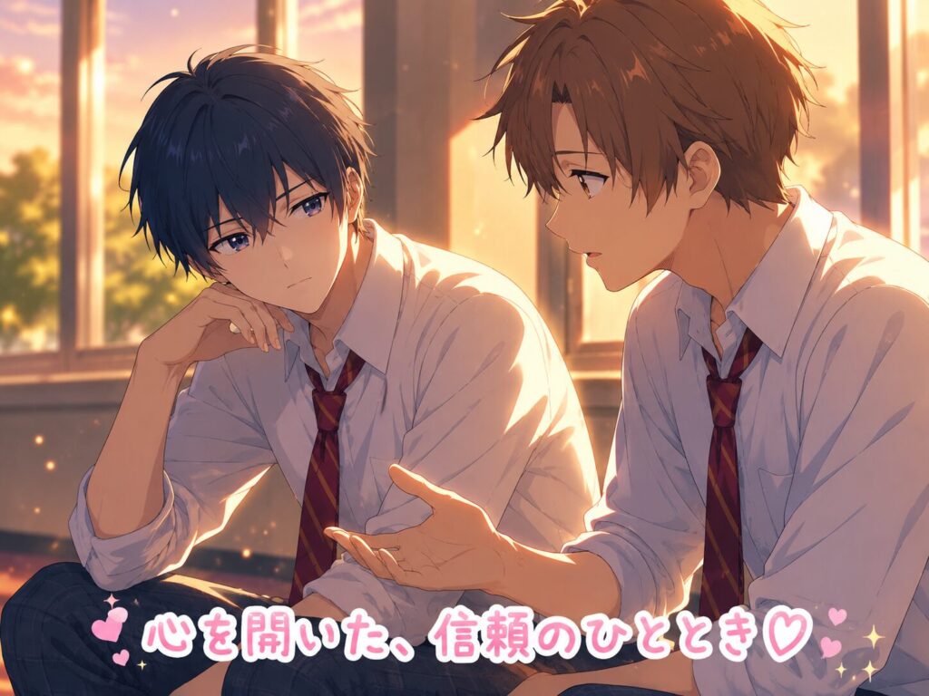 夕暮れの教室で制服姿の男子高校生二人が向かい合って座り、一人が真剣な表情で思いを語り、もう一人が静かに耳を傾けている様子。温かな光が差し込み、信頼と友情を感じさせる場面。