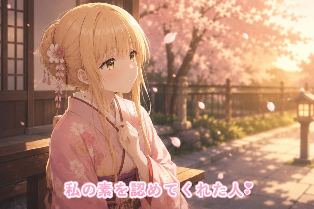 桜が舞う夕暮れの神社で、淡いピンクの着物を着た少女が穏やかな表情を浮かべるアニメ風イラスト