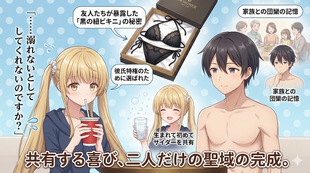アニメ作品の解説インフォグラフィック。飲み物を手にした少女と上半身裸の少年が描かれ、二人だけの時間や共有する喜び、家族との思い出、恋愛感情の深まりをテーマにした内容がまとめられている。背景には贈り物や家族団らんのイメージも配置されている。
