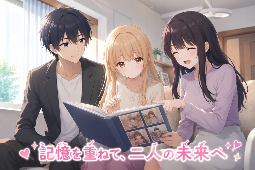 明るいリビングでアルバムを開きながら笑顔を交わす三人を描いたアニメ風イラスト。中央の金髪の少女を囲むように、少年と女性が思い出の写真を見ながら楽しそうに語り合っている。温かな家族のような雰囲気と未来への希望が感じられる場面。
