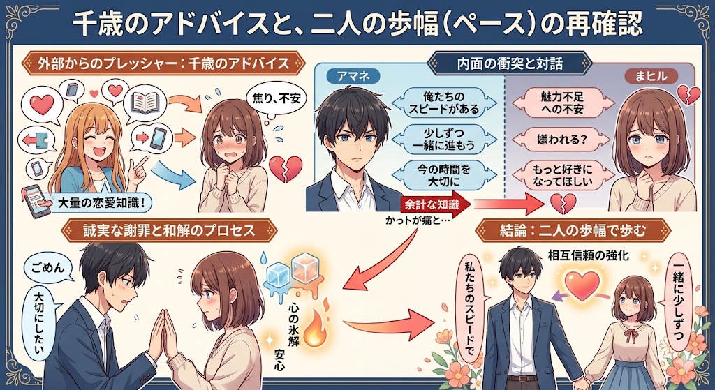 恋愛関係における不安や衝突、謝罪と和解を経て、二人が歩幅を合わせて関係を深めていく流れをまとめたアニメ風インフォグラフィック。