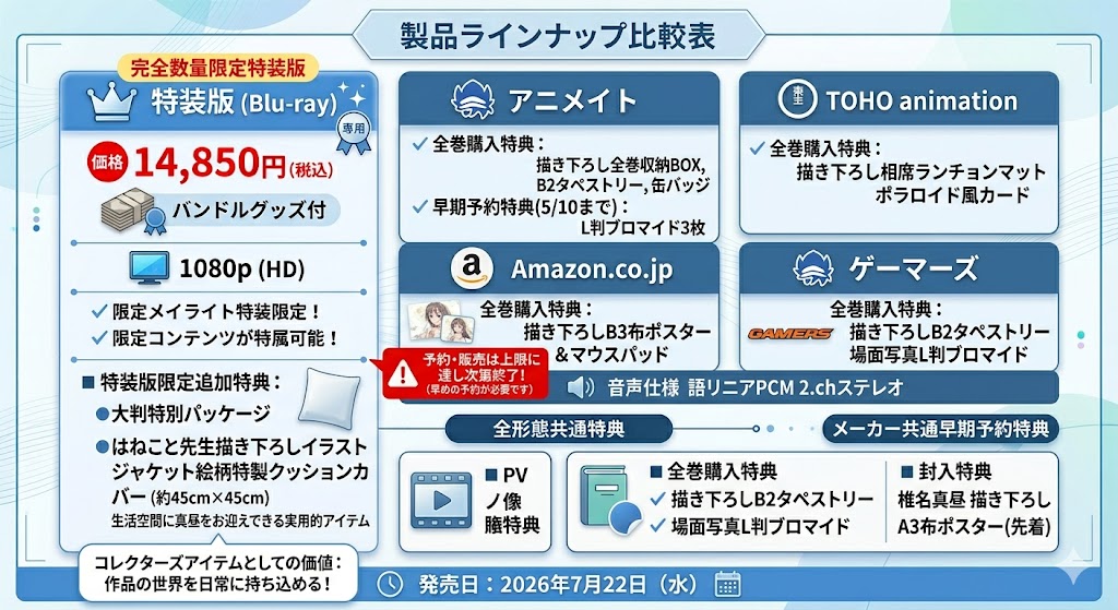 「お隣の天使様にいつの間にか駄目人間にされていた件」特装版Blu-rayの店舗別特典比較画像。アニメイト、Amazon、TOHO animation、ゲーマーズなどの購入特典内容が掲載されている。