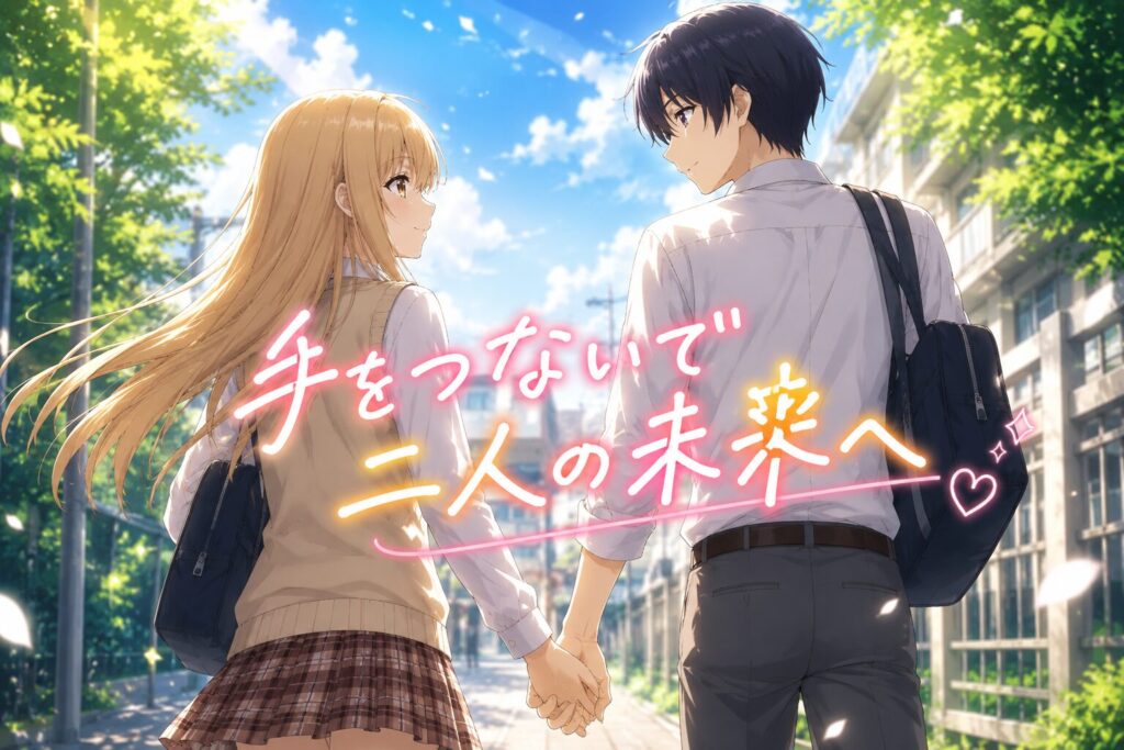 青空の下、並木道を歩く制服姿の男女が手をつなぎながら見つめ合うアニメイラスト。木漏れ日が差し込む穏やかな街並みの中で、二人の信頼と恋愛感情が伝わるロマンチックな場面。