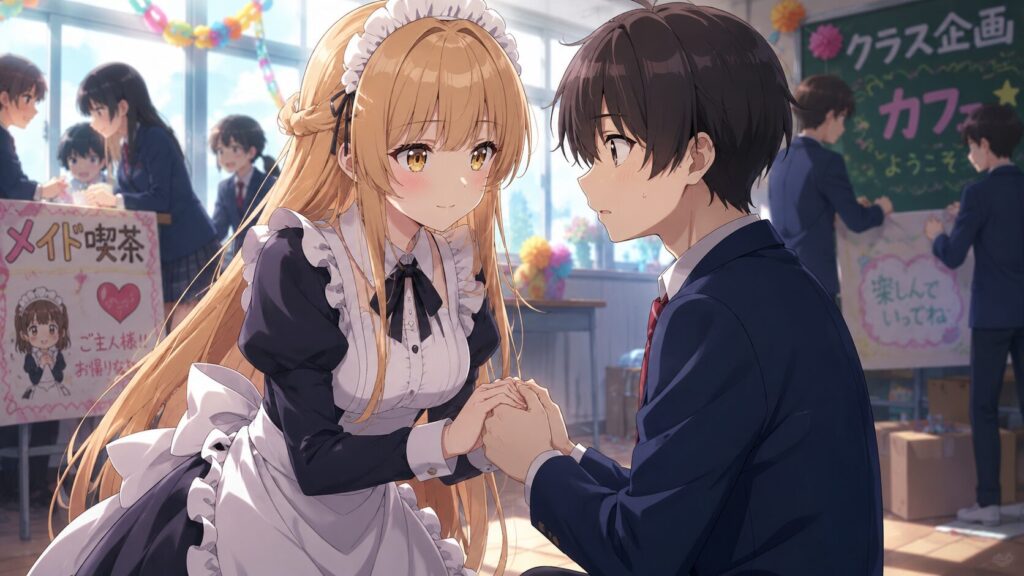 文化祭のメイドカフェで、メイド服の少女が男子生徒の手を優しく握り、見つめ合っているアニメ風イラスト。