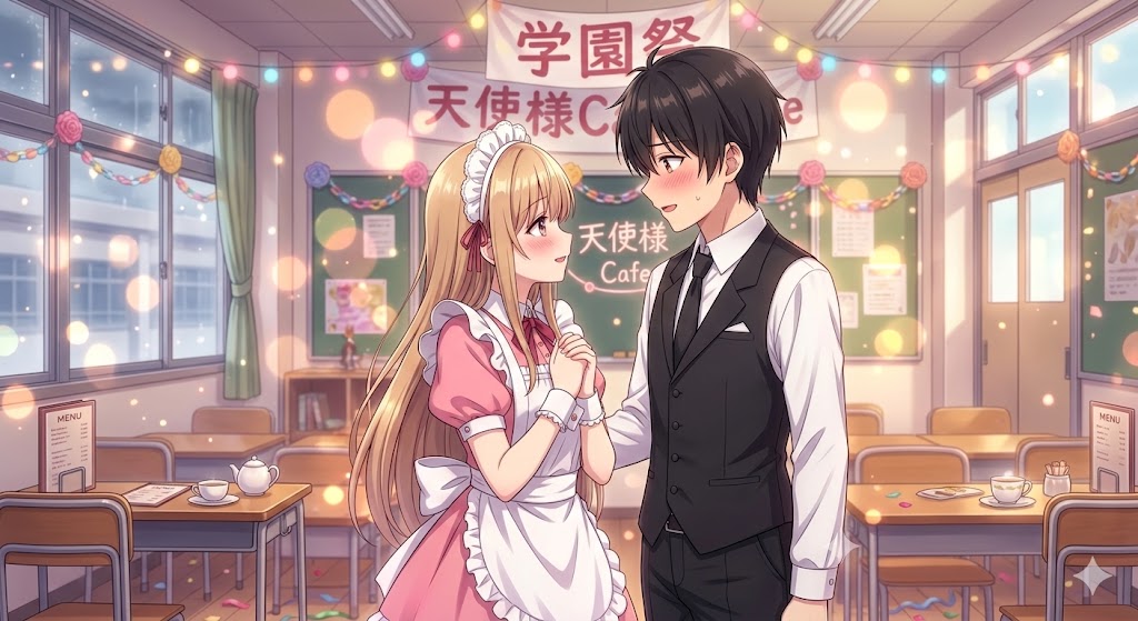 アニメ「お隣の天使様にいつの間にか駄目人間にされていた件」をモチーフにしたイラスト。学園祭の出し物「天使様Cafe」と書かれた教室の中で、ピンク色の可愛いメイド服を着た金髪の椎名真昼と、黒いベストの執事風の衣装を着て顔を赤らめる藤宮周が、互いに見つめ合いながら手を握り合っている微笑ましい様子。