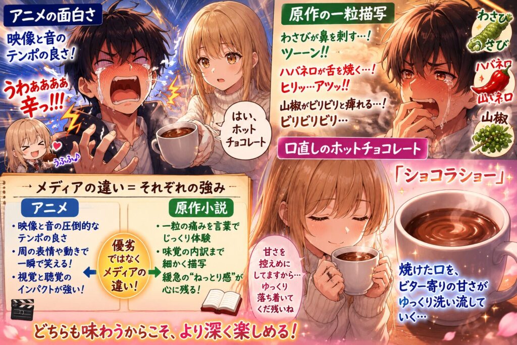 アニメ「お隣の天使様にいつの間にか駄目人間にされていた件」のワンシーンを題材に、アニメと原作小説の表現手法を比較した解説画像。アニメのテンポの良い笑いと、原作の繊細な味覚描写というそれぞれの強みを、「メディアの違い」として紹介しています。藤宮周が辛いものを食べて悶絶し、椎名真昼がホットチョコレートを差し出す場面が描かれています。