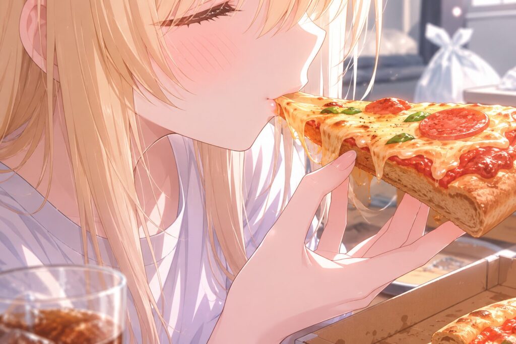 金髪のアニメ風キャラクターが熱々のチーズピザを頬を赤らめながら食べているシーン