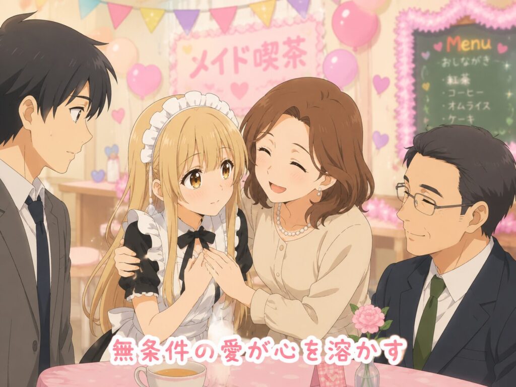 メイド喫茶の教室で、メイド服姿の少女を両親が優しく見守り、温かな家族愛に包まれる様子を描いたアニメ風イラスト