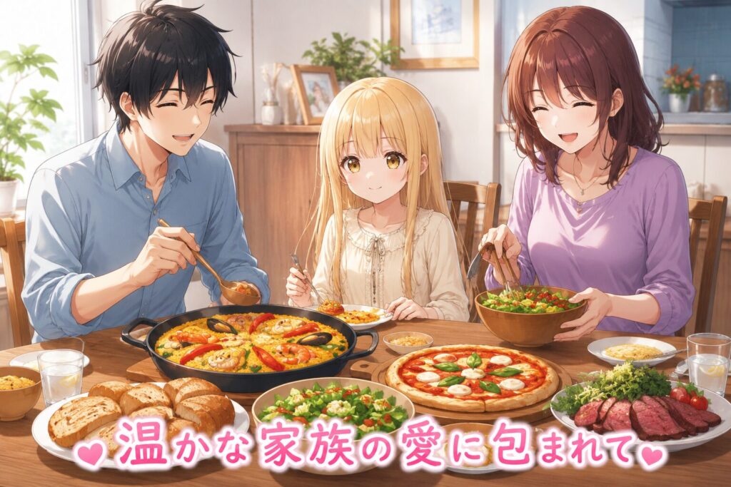 明るい家庭のダイニングで、家族三人が食卓を囲みながら笑顔で食事を楽しんでいるアニメイラスト。パエリアやピザ、サラダなどの料理が並び、温かな家庭の雰囲気と家族の愛情が表現されている。