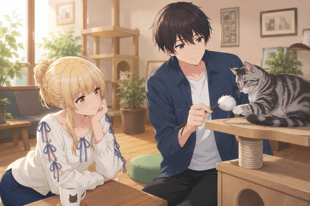 猫カフェのような空間で、猫と遊ぶ少年とそれを見守る少女を描いたアニメ風イラスト