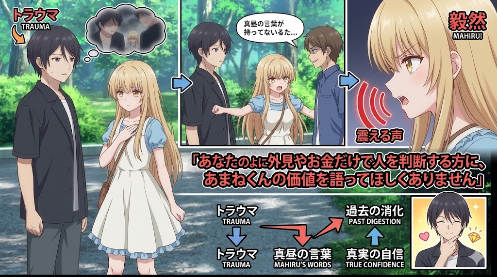 公園で少女が感情をあらわにしながら少年をかばう場面をまとめたアニメ解説画像。過去のトラウマに苦しむ少年に対し、少女が他人の偏見を強く否定し、その言葉が少年の自信と成長につながる過程を図解している。