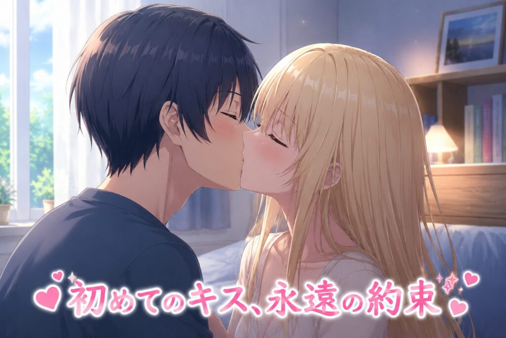 柔らかな光が差し込む部屋で、少年と少女が目を閉じて優しくキスを交わしているアニメイラスト。穏やかな表情と温かな雰囲気が、互いへの深い愛情と信頼を表現している。
