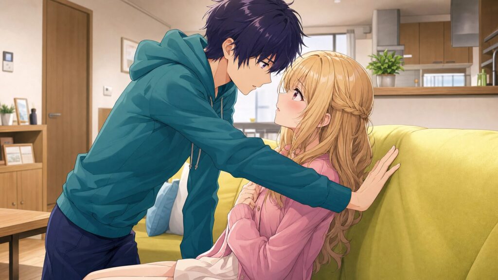 ソファで向かい合う少年と少女が至近距離で見つめ合うアニメ風イラスト