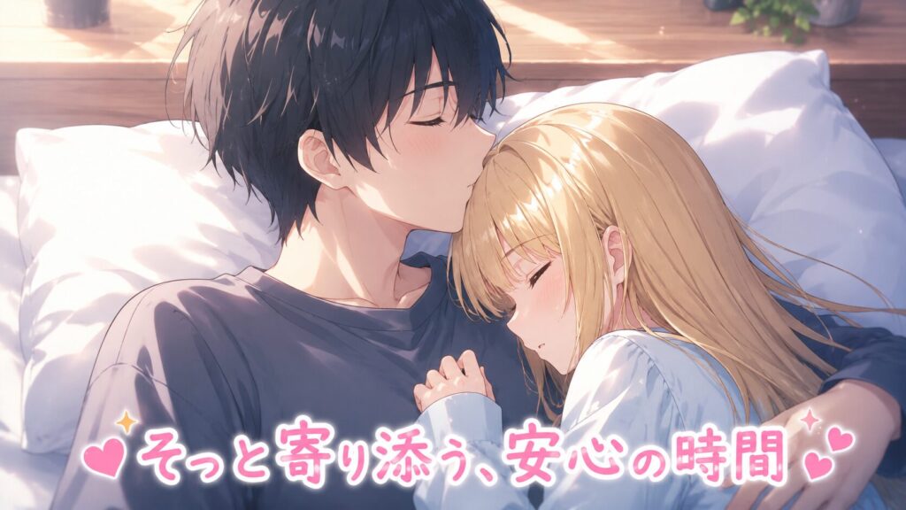 柔らかな朝の光が差し込むベッドの上で、少年が少女を優しく抱き寄せながら額にキスをしているアニメイラスト。少女は安心した表情で寄り添い、穏やかで温かな愛情に満ちた時間が描かれている。