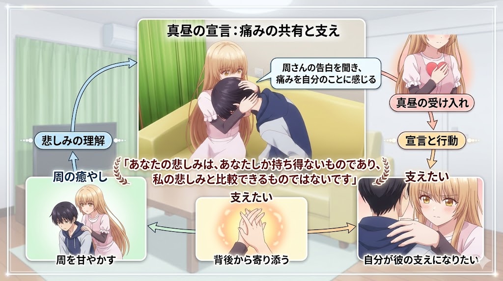互いの悲しみを理解し支え合う二人の関係性を解説したインフォグラフィック