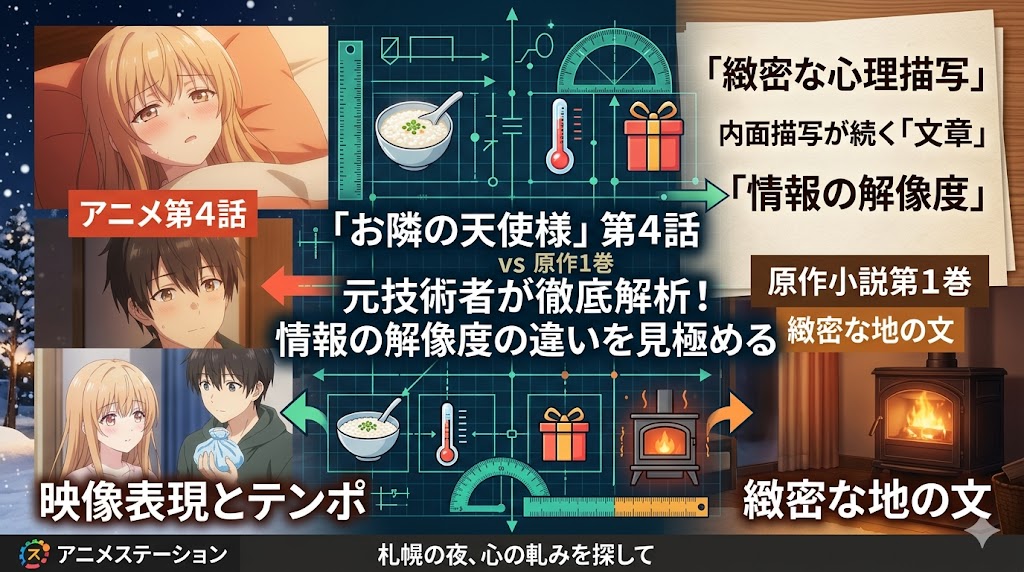 『お隣の天使様』アニメ第4話と原作小説第1巻を比較し、心理描写や情報量、映像テンポの違いを解説するサムネイル画像