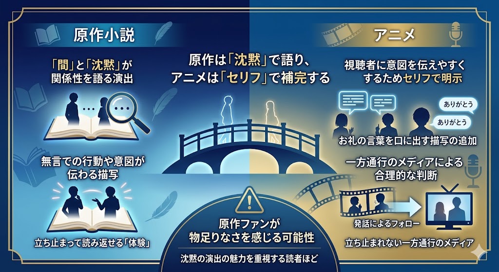 原作小説とアニメにおける沈黙とセリフの表現の違いを比較した図解