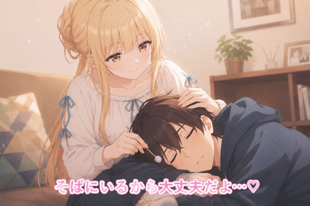 眠る少年の頭を優しく撫でながら寄り添う少女を描いたアニメ風イラスト
