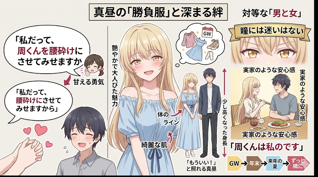 淡いブルーのワンピースを着た金髪の少女と少年の関係性を解説するアニメインフォグラフィック。少女の成長した魅力や自信、恋人同士として深まる信頼関係、そして互いを特別な存在として想う気持ちが描かれている。