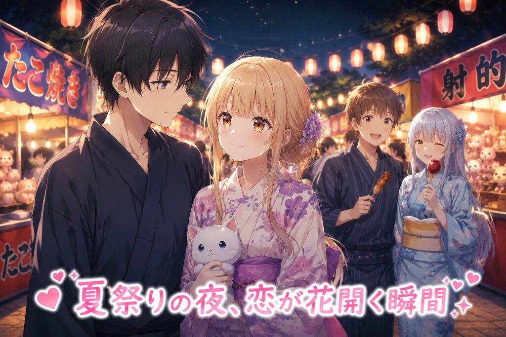 提灯が灯る夏祭りの夜、浴衣姿の少年と少女が見つめ合うアニメイラスト。少女はぬいぐるみを抱えながら微笑み、賑やかな屋台や友人たちに囲まれた中で、二人の恋心が深まる様子が描かれている。