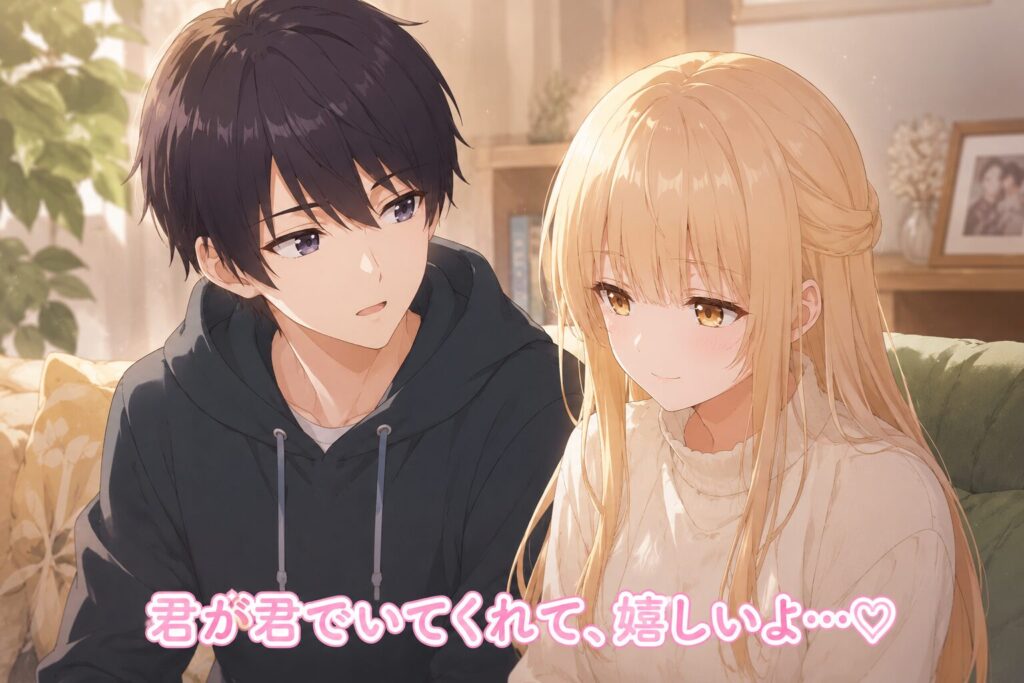 ソファに並んで座る少年と少女が穏やかな表情で気持ちを通わせるアニメ風イラスト