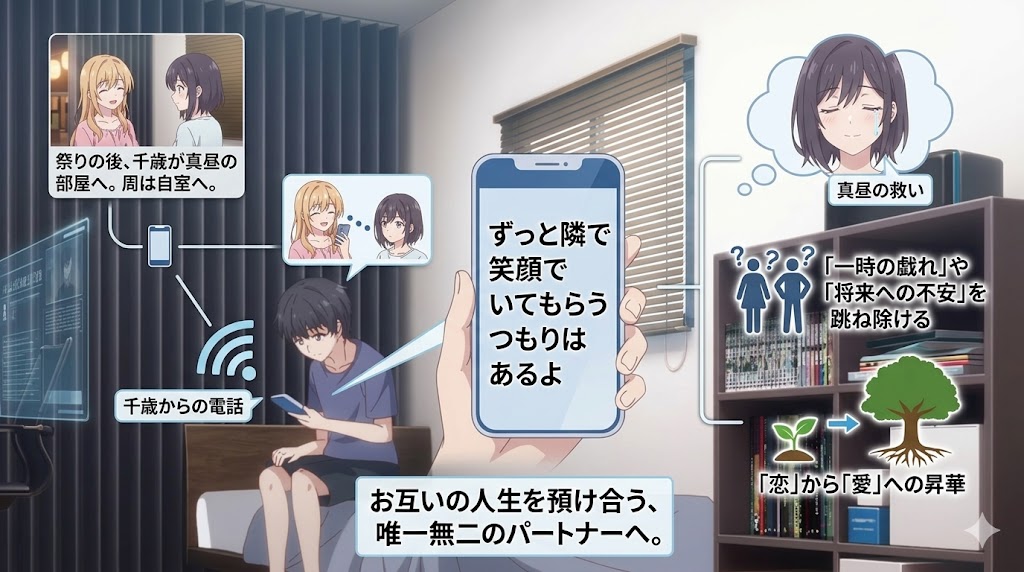 夜の自室でスマートフォンを手にした少年と、電話越しの少女とのやり取りを解説したアニメインフォグラフィック。画面には「ずっと隣で笑顔でいてもらうつもりはあるよ」という言葉が表示され、恋愛から人生を共に歩むパートナーへと関係が深まる様子が描かれている。