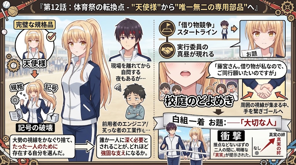 体育祭の借り物競争をテーマに、少女が少年を「大切な人」として選び、二人の関係の変化を解説したインフォグラフィック風イラスト
