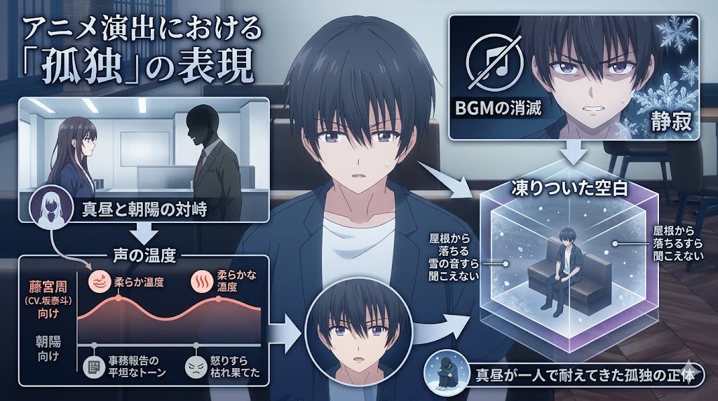 アニメの演出表現を解説するインフォグラフィック。中央に真剣な表情の少年が描かれ、BGMの消失や静寂、凍りついた空白空間などの演出要素を用いて、孤独や心の空虚感がどのように表現されているかを図解している。