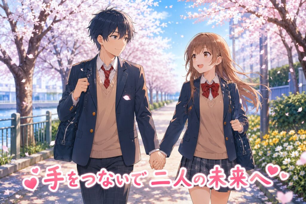満開の桜並木の下を歩く制服姿の高校生カップルが手をつなぎながら微笑み合うアニメイラスト。春の陽光と舞い散る花びらに包まれた、希望と恋愛感情に満ちた青春のワンシーン。