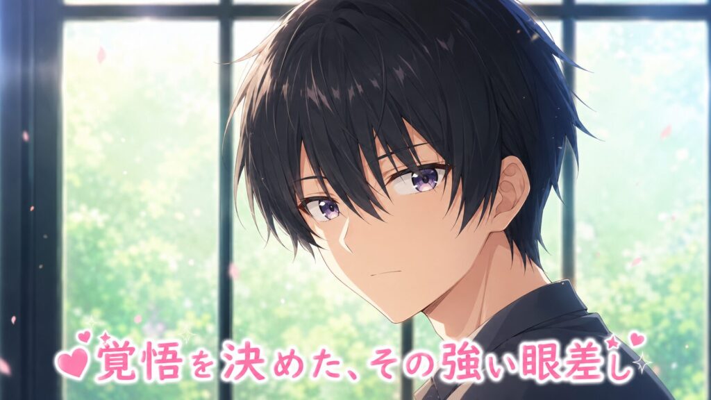 窓辺から差し込む柔らかな光を背景に、黒髪の少年が真剣な表情で振り返るアニメイラスト。紫色の瞳には揺るぎない決意が宿り、静かな空気の中で精神的な成長と覚悟が表現されている。