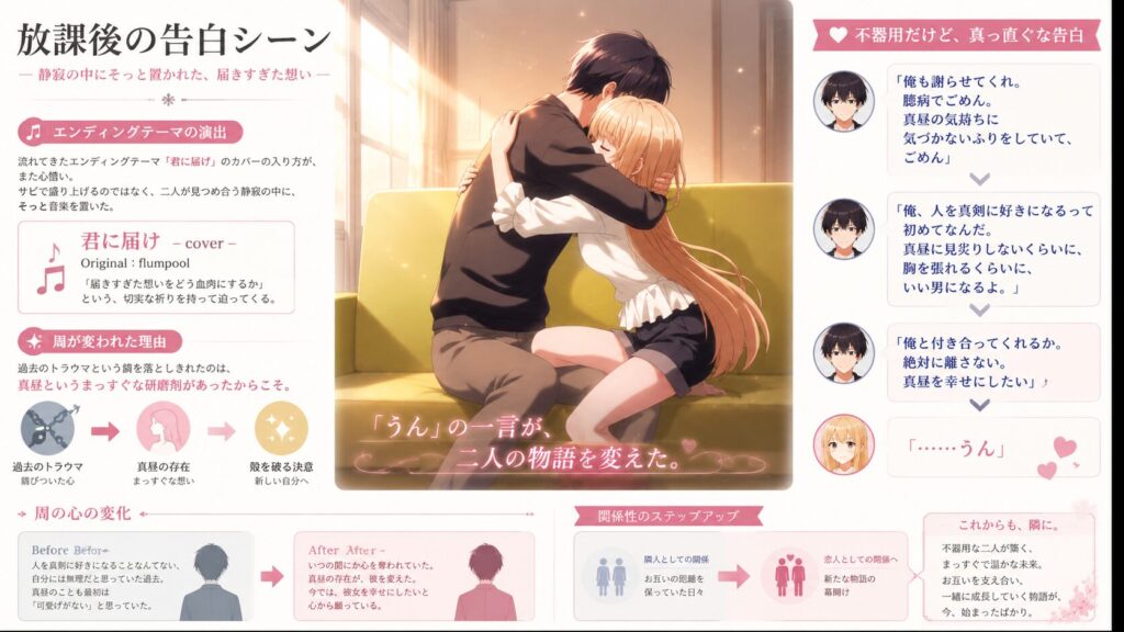 放課後のリビングで抱き合う高校生の男女と、告白から交際成立までの流れを解説したインフォグラフィック風イラスト