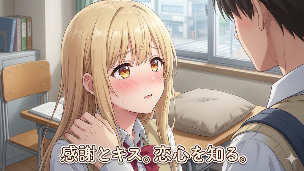 教室で向かい合う制服姿の男女。頬を赤らめた金髪の少女が戸惑いながら見つめ、恋心に気づく瞬間を描いたアニメイラスト。