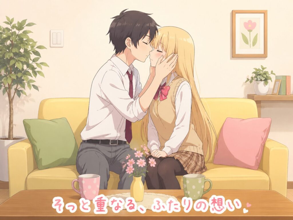 リビングのソファに座る高校生の男女が、互いの気持ちを確かめ合うように優しくキスを交わすロマンチックなアニメ風イラスト