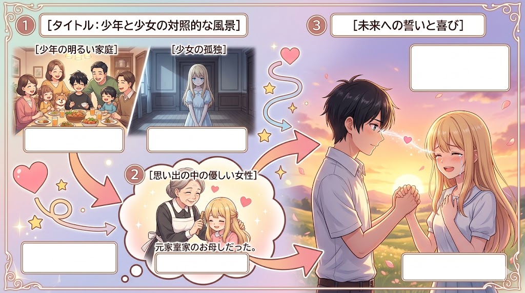 温かい家庭で育った少年と孤独な少女、優しい女性との思い出を経て、二人が未来への想いを確かめ合う様子を描いたアニメ風インフォグラフィック。