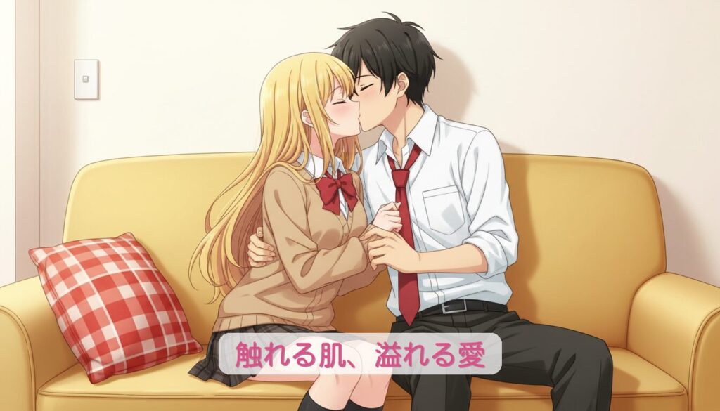 ソファに並んで座る制服姿の男女が、互いを抱き寄せながら優しくキスを交わすロマンチックなアニメイラスト。