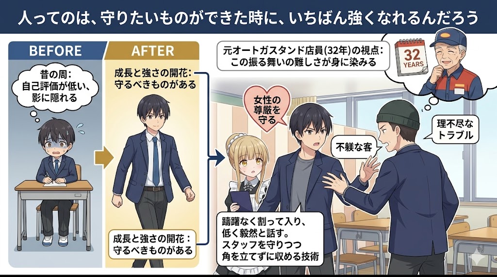自己評価の低かった少年が成長し、大切な人を守るために行動する姿を、ビフォーアフター形式で解説したアニメ風インフォグラフィック。