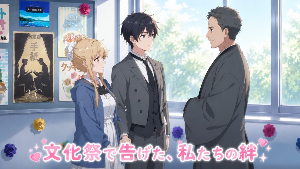 文化祭の展示が並ぶ教室で、正装した少年と少女が年上の男性と向き合いながら穏やかに微笑むアニメイラスト。