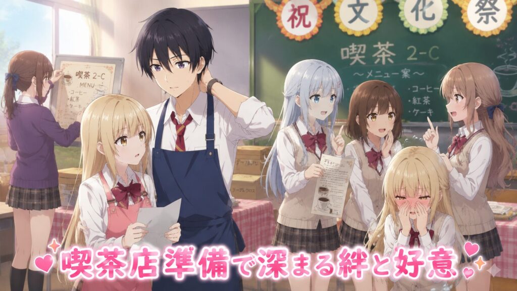 文化祭の喫茶店準備を進める教室で、生徒たちがメニュー作りや打ち合わせを行いながら交流を深めるアニメイラスト。
