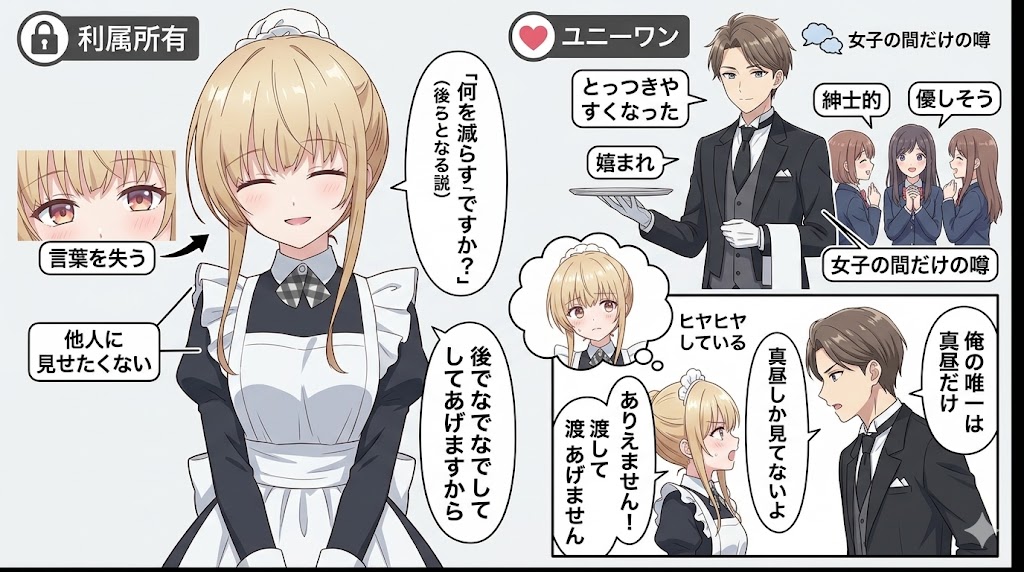 メイド服姿の少女と執事風の青年を中心に、文化祭での交流や恋心の変化をコミカルにまとめたアニメ風インフォグラフィック。