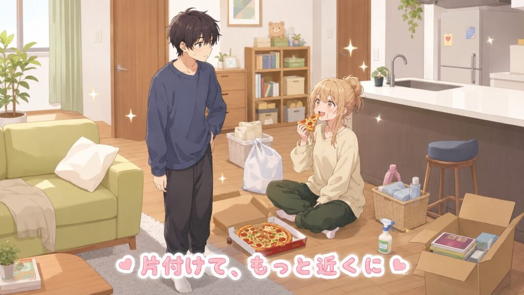 片付け中の部屋でピザを食べる少女と、それを見守る少年を描いたアニメ風イラスト