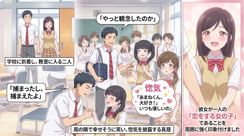 高校の教室で、手をつないで登校した男女を見たクラスメイトたちが驚きと祝福の表情を見せるアニメ風イラスト。恋する少女の幸せそうな笑顔が印象的で、青春と恋愛の甘い空気に包まれている。