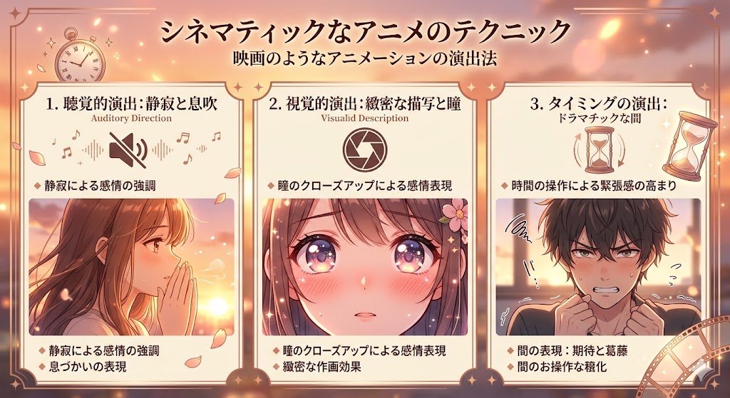静寂、瞳のクローズアップ、時間演出など、映画的なアニメ表現技法を解説したインフォグラフィック。