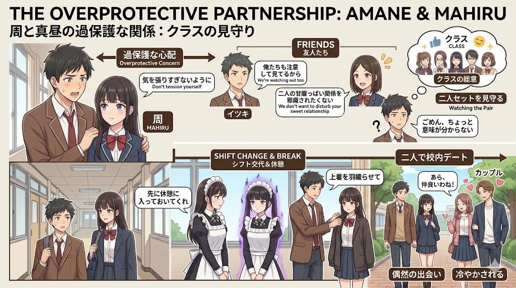高校生の男女が互いを気遣いながら過ごす日常や、クラスメイトに見守られる関係性を解説したアニメ風インフォグラフィック。
