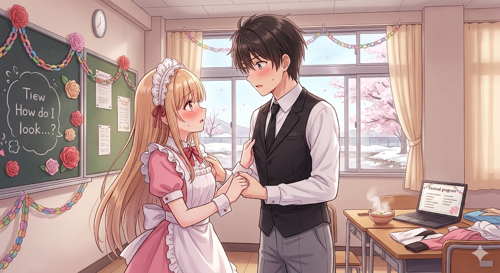 装飾された教室で、ピンクのメイド服を着た金髪の女子生徒が黒髪の男子生徒の服の胸元を掴み、互いに顔を赤らめて見つめ合っているアニメ風イラスト。黒板には「How do I look...?」と書かれている。