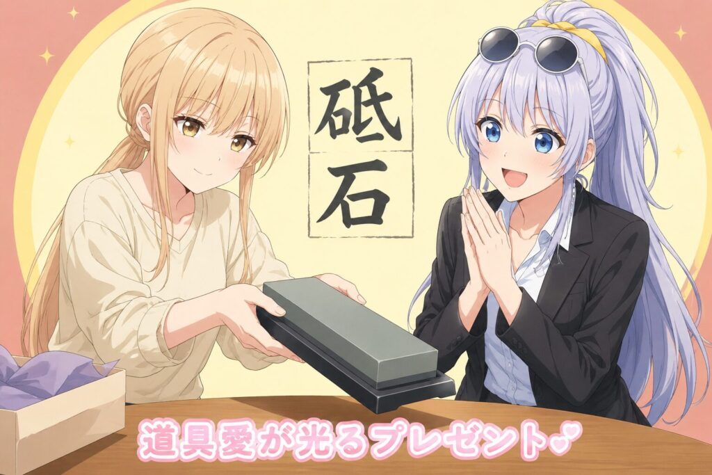 砥石をプレゼントする少女と、それを喜ぶ少女を描いたアニメ風イラスト