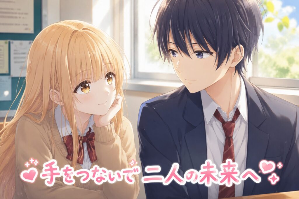 教室の窓際で向かい合う高校生の男女を描いたアニメ風イラスト。金髪の少女が優しい笑顔で少年を見つめ、少年も穏やかな表情で応える。二人の間には信頼と恋愛感情が感じられ、画面下には「手をつないで二人の未来へ」というメッセージが添えられている。