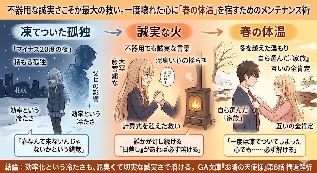 孤独から誠実な心を経て春の温もりへ変化していく感情を、アニメ風イラストと解説付きで表現した構成画像。