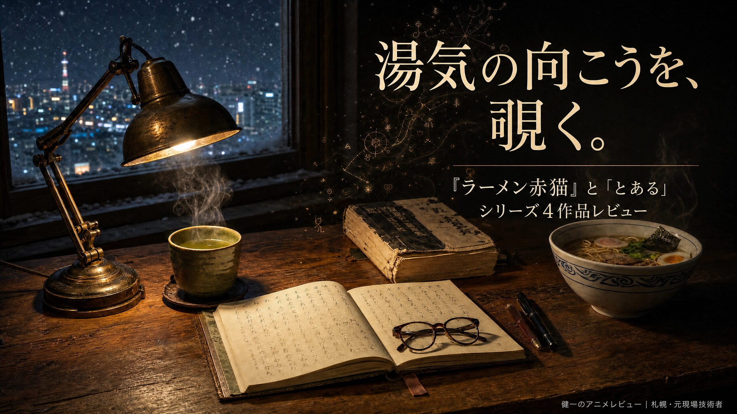 雪降る夜の窓辺で、湯気立つ湯呑みとラーメン、古い本やノートが並ぶ木製デスクを暖かなランプが照らしているレビュー系ビジュアル