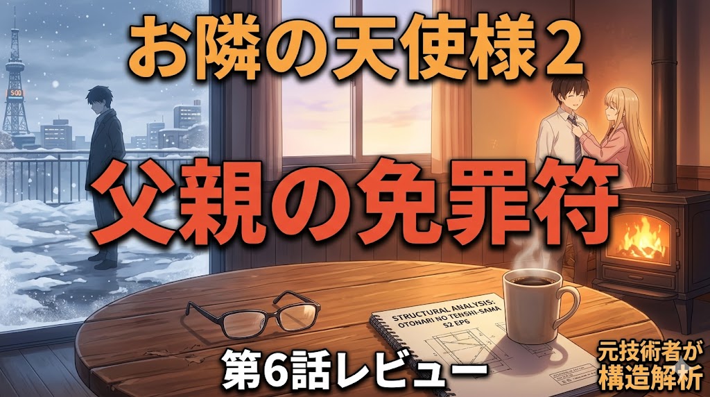 雪景色の街を背景に孤独な男性と、暖炉の前で寄り添う男女が描かれた「お隣の天使様2 第6話レビュー 父親の免罪符」のサムネイル画像。